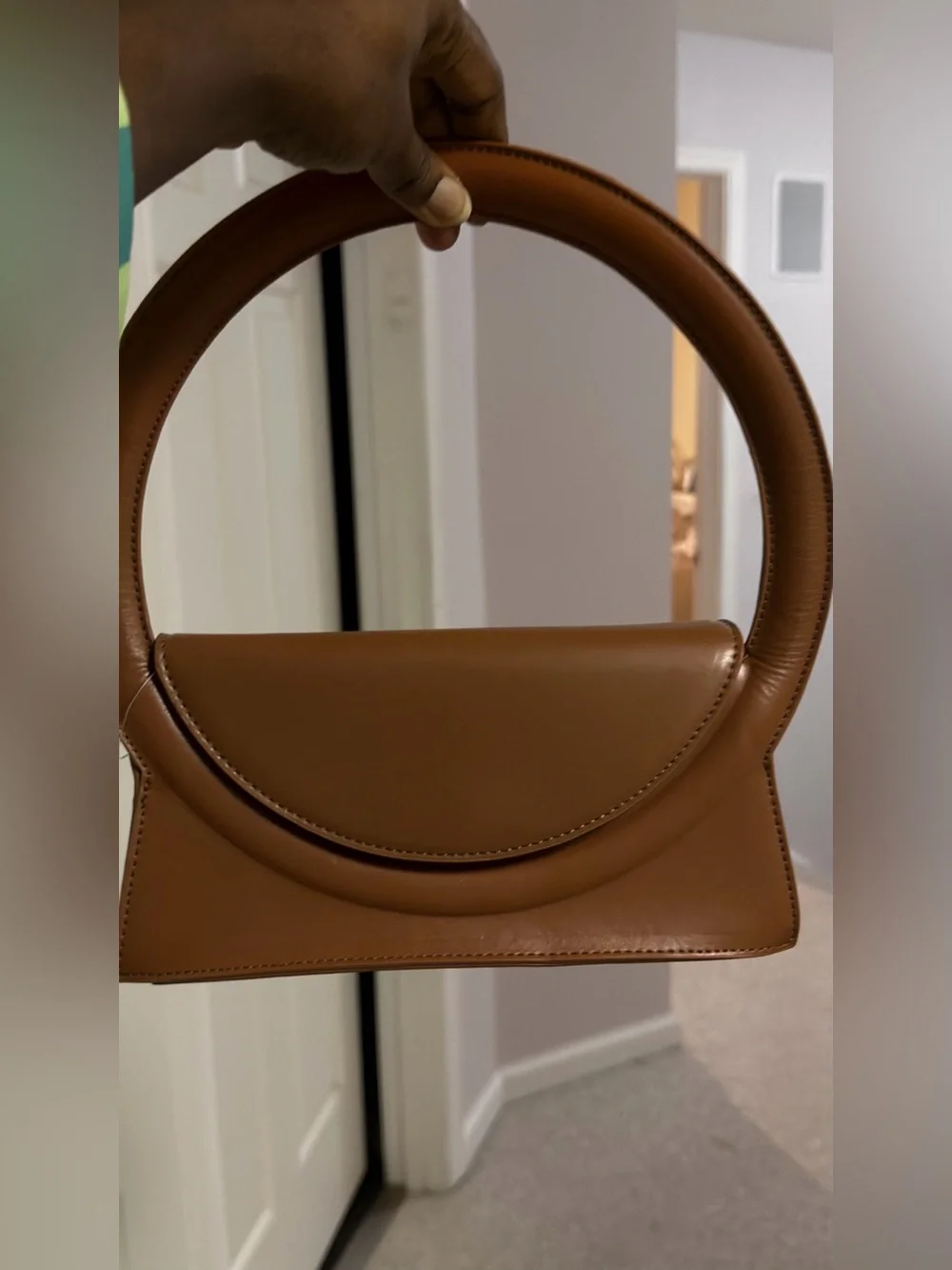 Women's Tan Circular Handle Leather Handbag